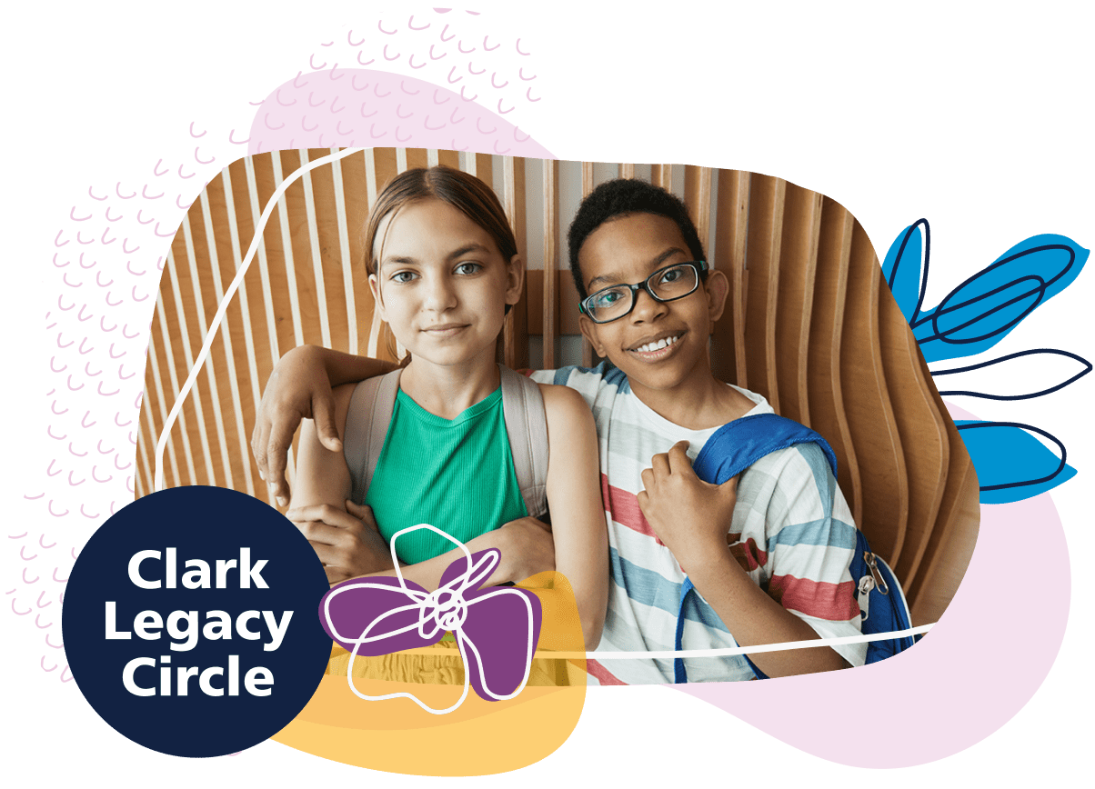 Clark Legacy Circle. Photo of young girl and boy with boy's arm around girl